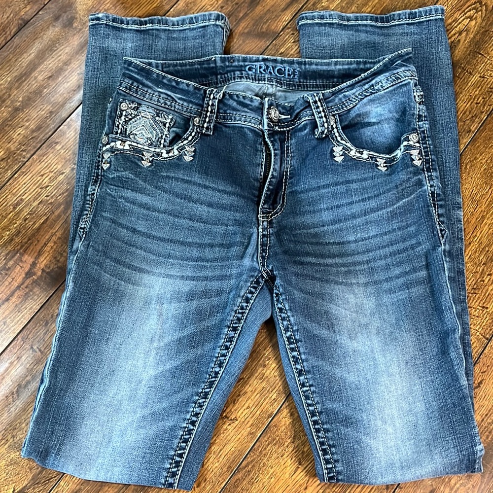 GRACE IN L.A. BOOTCUT DISTRESSED JEANS FROM CAVENDERS